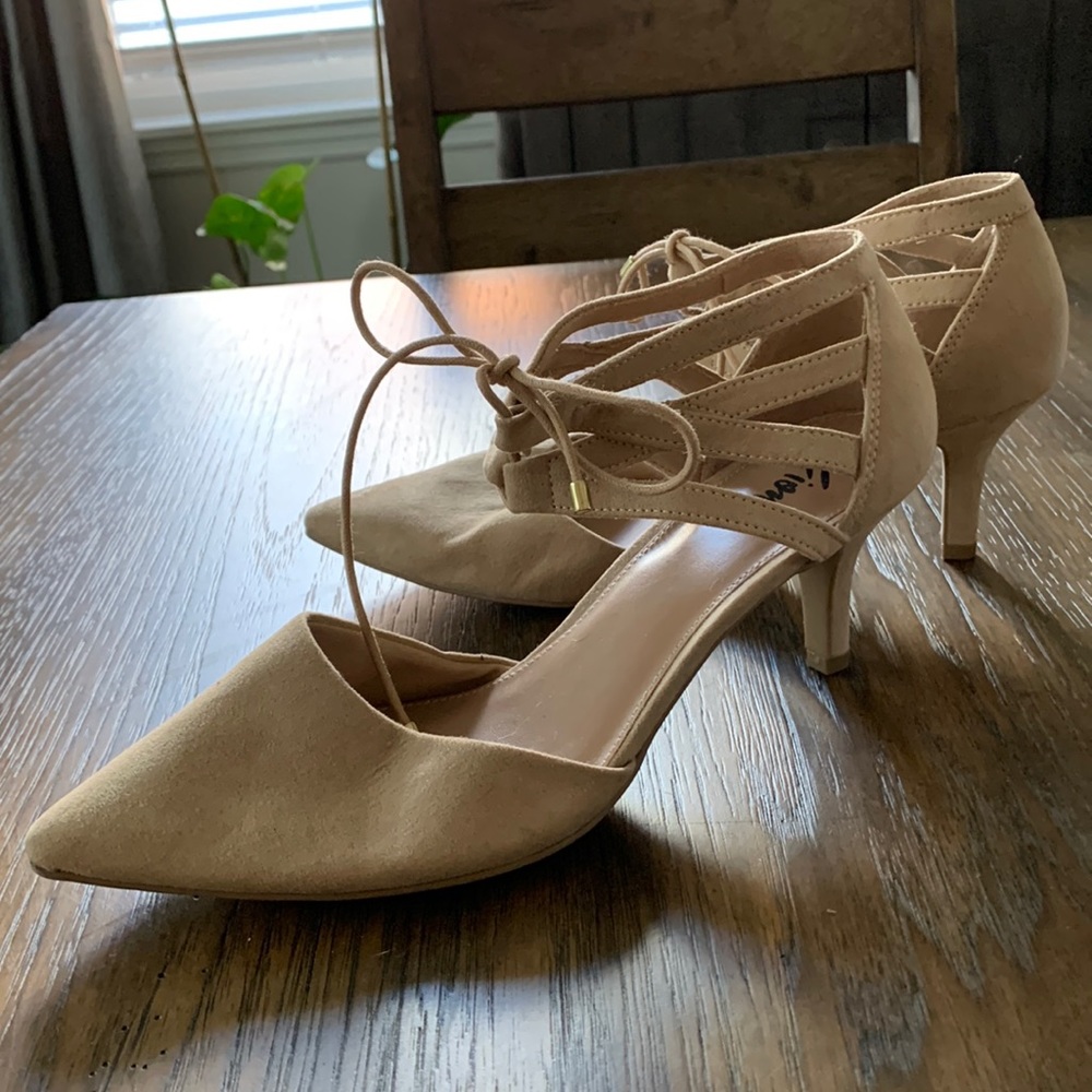 Nude lace up faux suede pumps. Only worn once or twice.